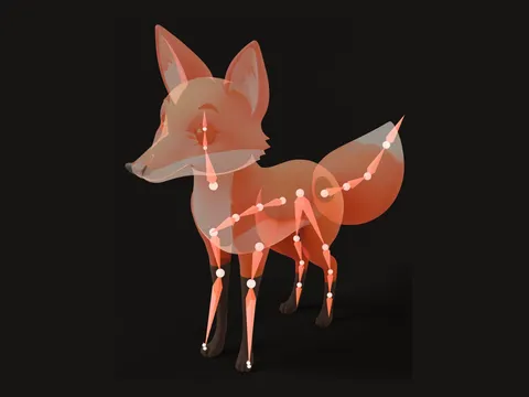 The sample fox with its body see-through, showing the bones Bake3D placed