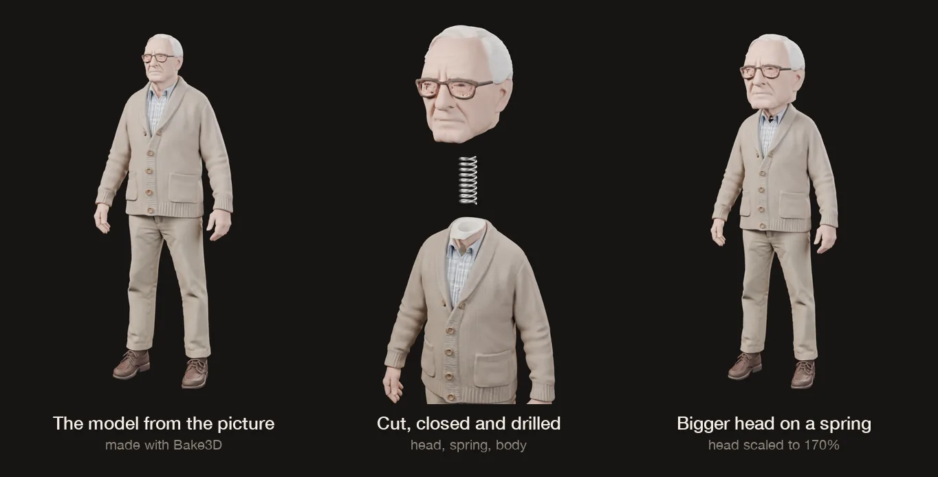 Three renders of an older man in a beige cardigan. Left, the full 3D model as made. Middle, the head lifted off with a steel spring floating above a grey neck stump that has a round hole. Right, the finished bobblehead with a much bigger head sitting on the body.