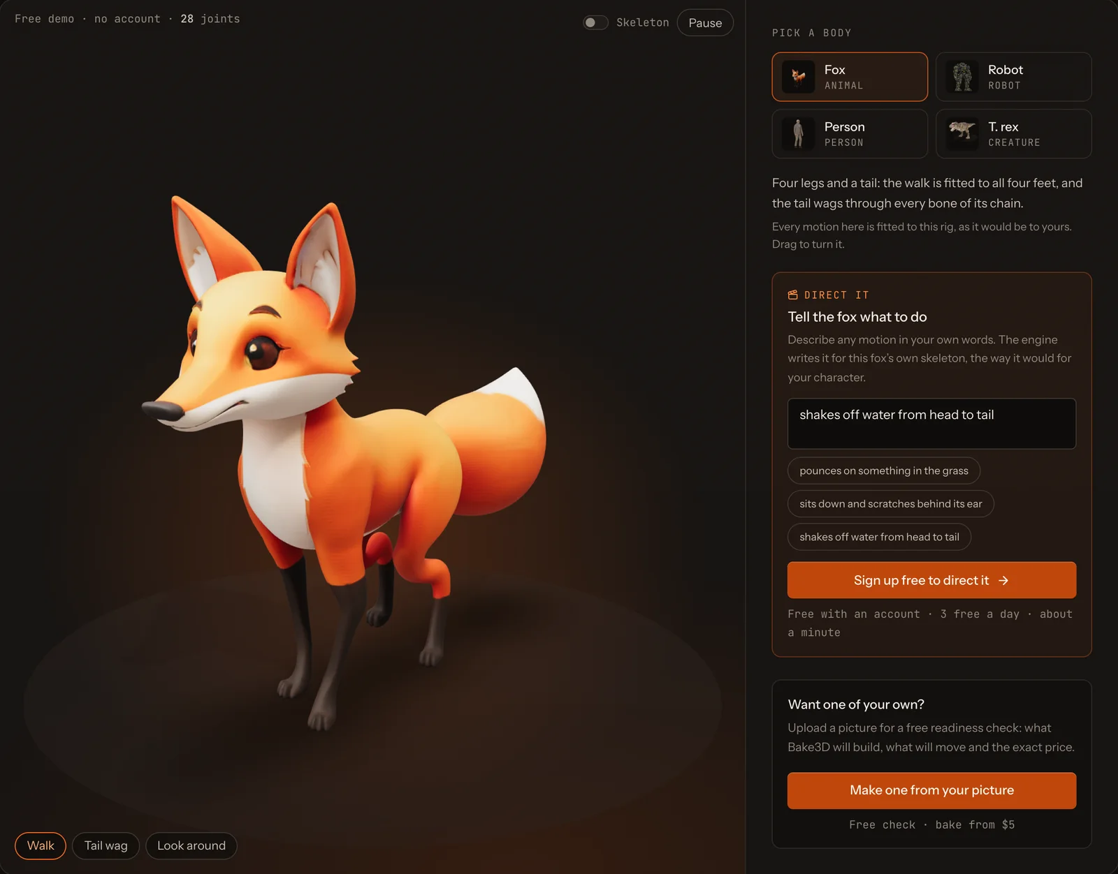 The Bake3D demo page with the fox selected. On the right, the Direct it box reads Tell the fox what to do, with the motion shakes off water from head to tail typed in and three idea buttons below it.