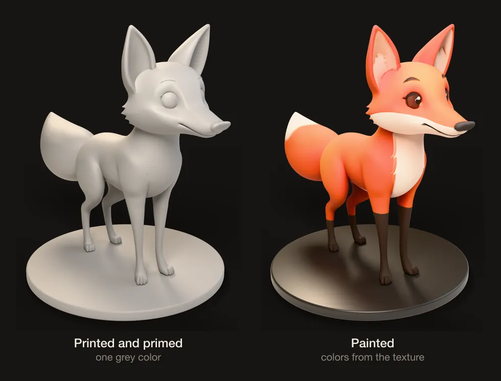 Two renders of the same fox figurine on a round base: one plain grey like a primed print, one painted in orange, white and dark brown.