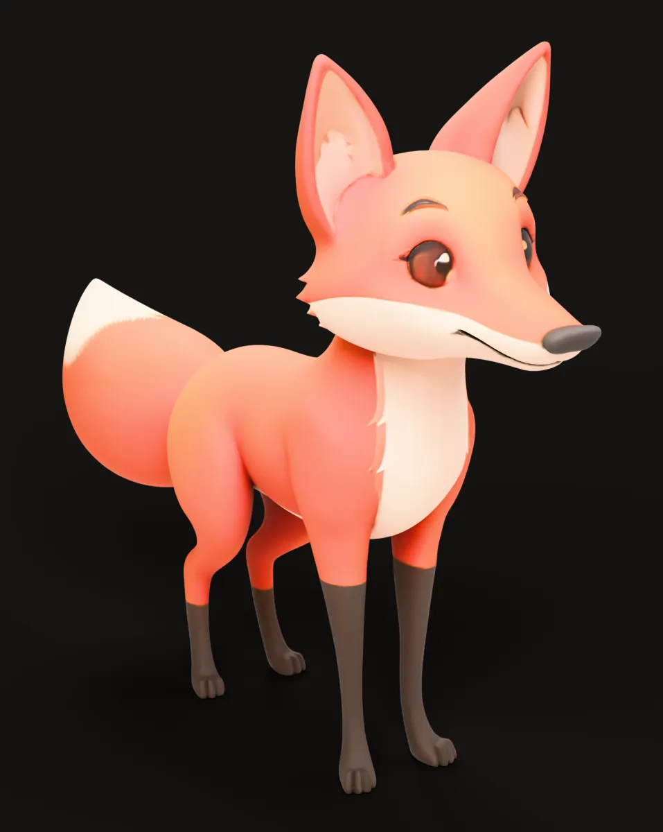 Textured 3D fox standing on four legs, seen from the front left, with orange fur, a white chest and tail tip, and dark brown legs.