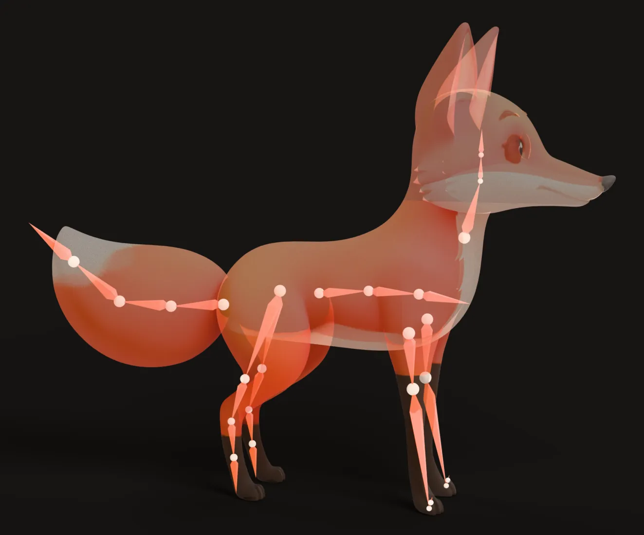 Side view of the Bake3D sample fox with its body made see-through, showing orange bones and white joints along the spine, neck, head, four legs and tail.