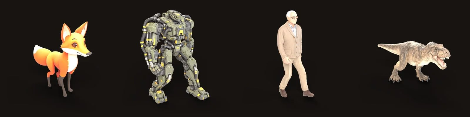 The four free Bake3D models in the middle of a walk, side by side on a dark floor: an orange cartoon fox, a green armored robot with black hoses, an old man in a beige cardigan, and a T. rex with its jaw open.