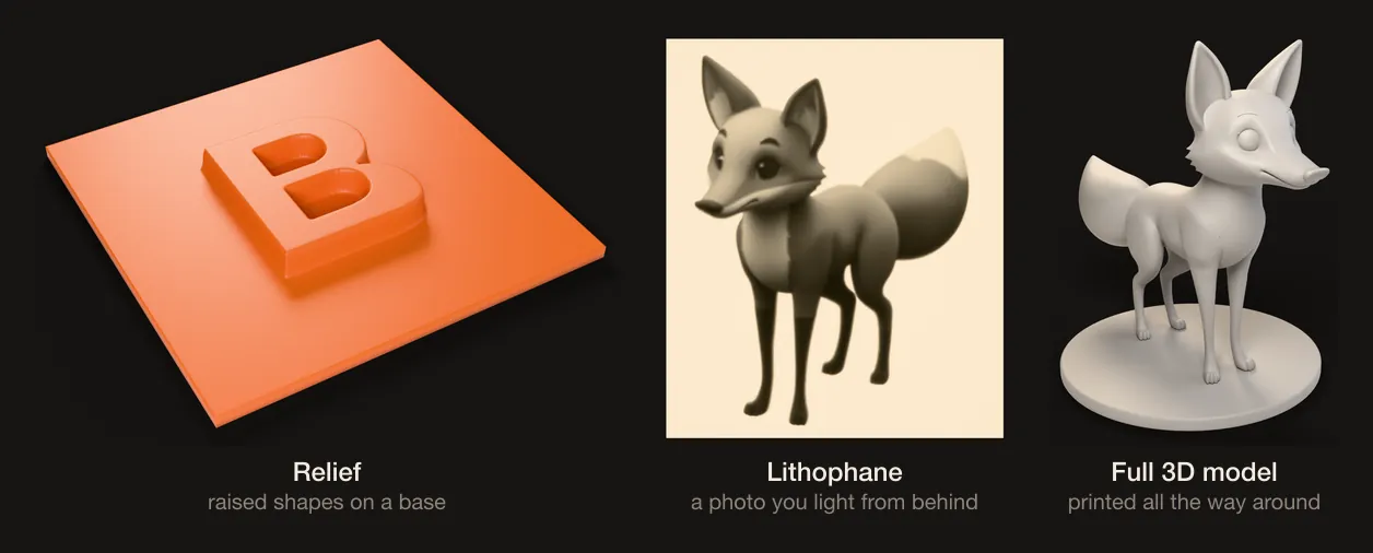 Three printable results side by side: an orange relief tile with a raised letter B, a fox lithophane glowing with light behind it, and a grey fox figure on a round base.
