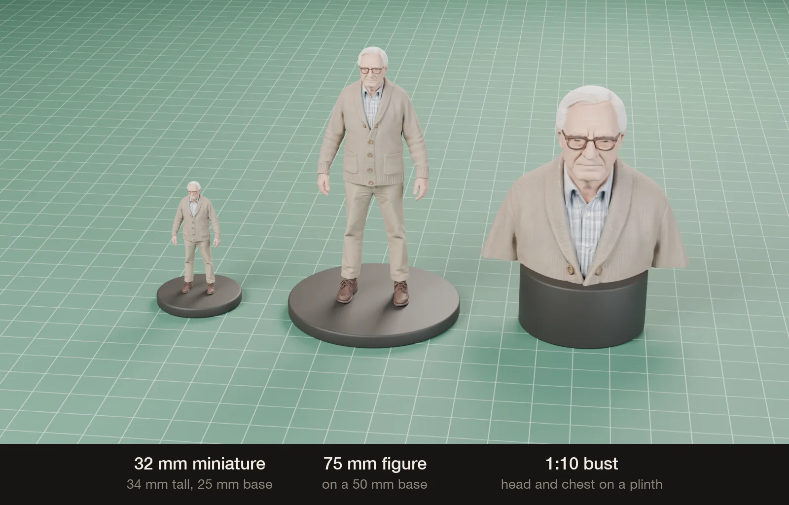 The same older man in a beige cardigan at three sizes on a green cutting mat with a 10 mm grid: a small miniature on a 25 mm round base, a larger 75 mm figure on a 50 mm base, and a head and shoulders bust on a round plinth.