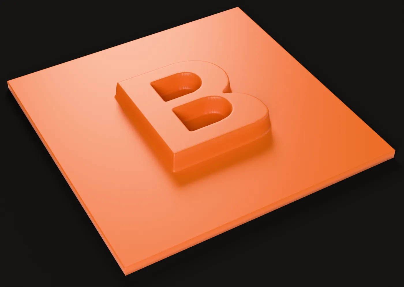 Orange relief tile, 60 mm square, with a raised letter B, rendered at an angle with soft shadows.