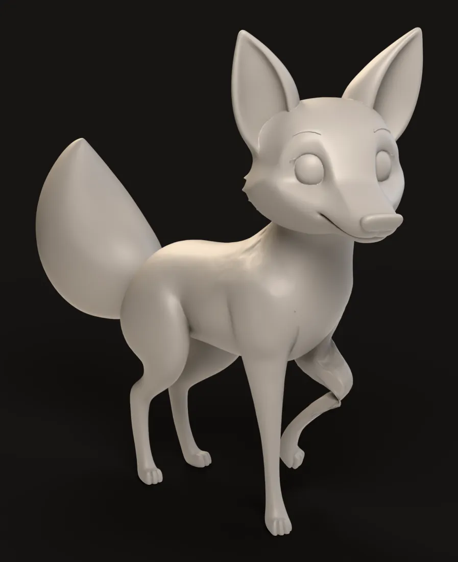 Grey clay render of the sample fox with its left front leg lifted and bent, its head turned and its tail raised, to test how the skin bends.