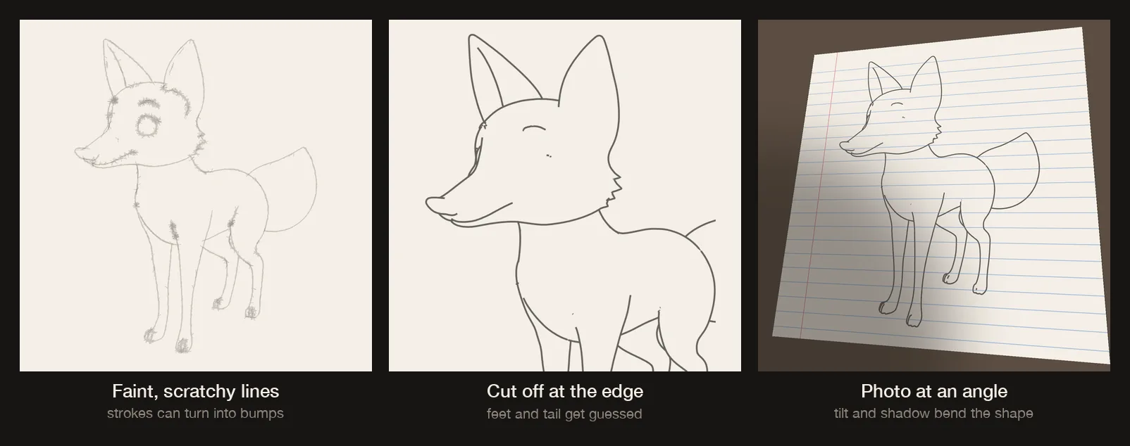 Three problem drawings of the same fox: faint grey sketch lines with scratchy strokes, a drawing cropped so the feet, tail and nose are cut off by the edge, and a photo of the drawing on lined notebook paper taken at an angle with a dark shadow across it.