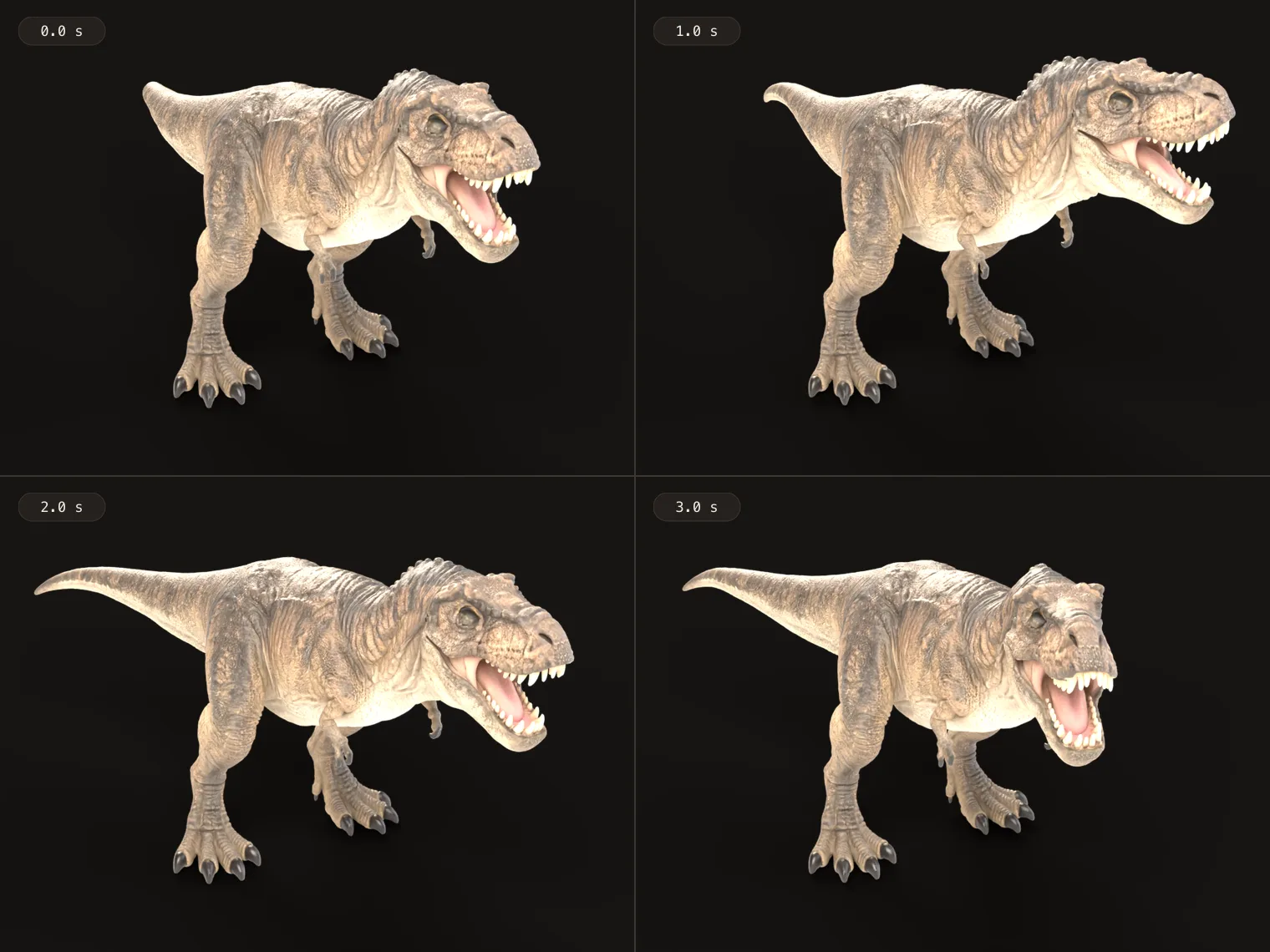 Four renders of the free Bake3D T. rex at 0, 1, 2 and 3 seconds of a written motion: its head turns from the side toward the viewer with the jaw open, and its long tail swings out to the left and back.