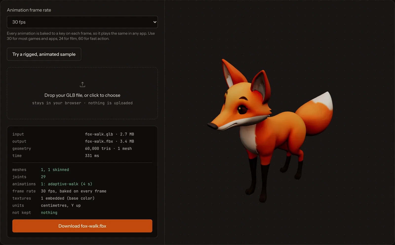 Screenshot of the Bake3D GLB to FBX converter after converting fox-walk.glb. The report lists 1 skinned mesh, 29 joints, 1 walk animation of 4 seconds at 30 fps and 1 embedded texture, next to a preview of the textured fox.