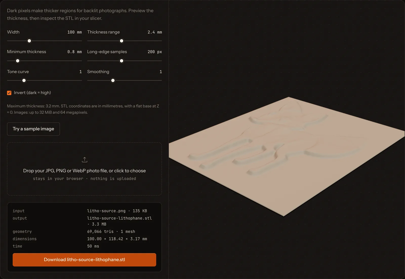 Screenshot of the Bake3D lithophane maker with a fox picture loaded. Settings show 100 mm width, 0.8 mm minimum thickness and a 2.4 mm thickness range. The result is a 100 by 118.42 by 3.17 mm STL.
