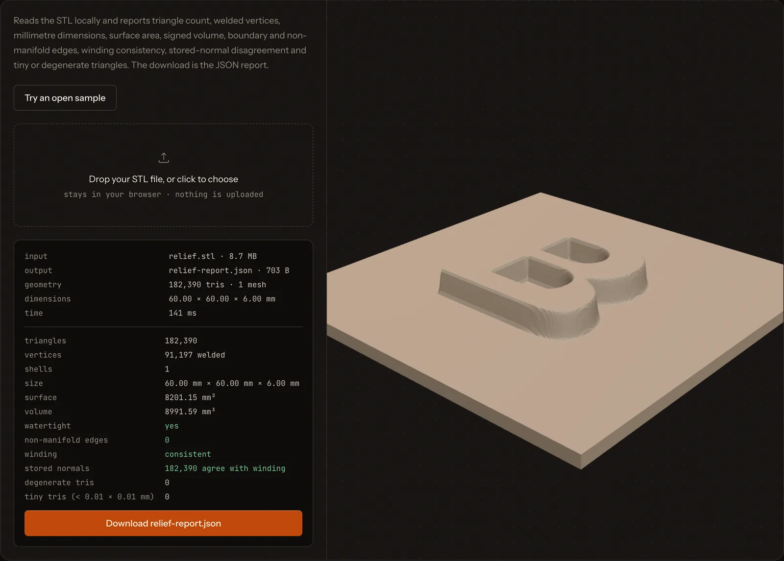 Screenshot of the Bake3D STL checker reading a relief STL. It reports 182,390 triangles, a size of 60 by 60 by 6 mm, watertight yes, 0 non-manifold edges and consistent winding.
